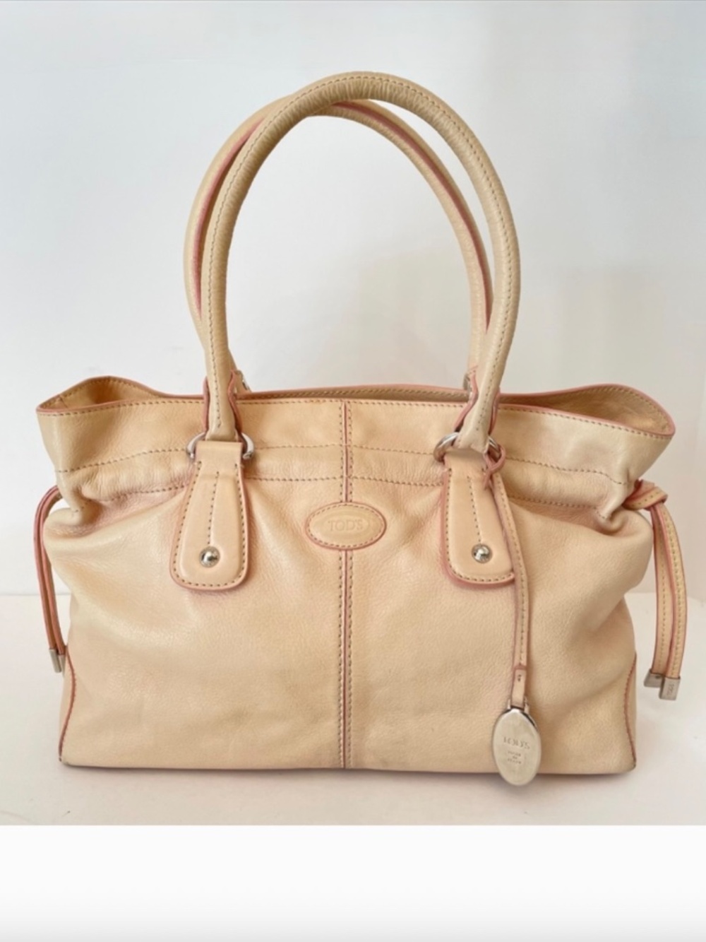 TOD'S Beige/Pink Pebbled Leather D Media Tote Shoulder Bag Tan